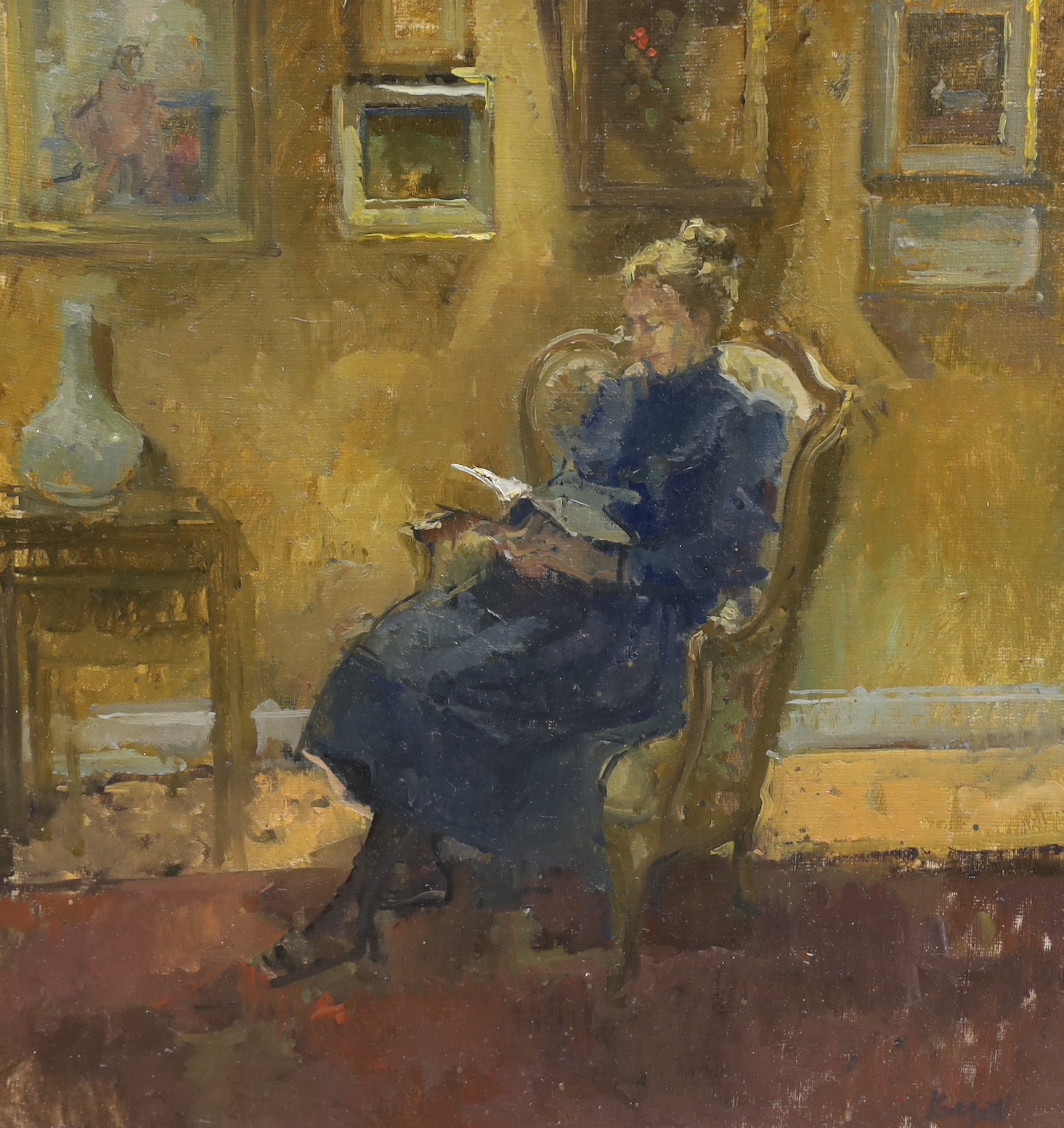 Peter Kuhfeld RP NEAC, (b.1952), oil on board, 'Sue Reading', signed with New Grafton Gallery label verso, 40 x 38cm